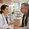 Clinical pharmacist explaining medicines to a patient while learning how to become a clinical pharmacist