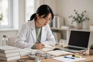 Pharmacy student studying clinical pharmacy notes and textbooks on the path to becoming a clinical pharmacist