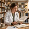 Clinical pharmacist reading a clinical pharmacy journal in a library