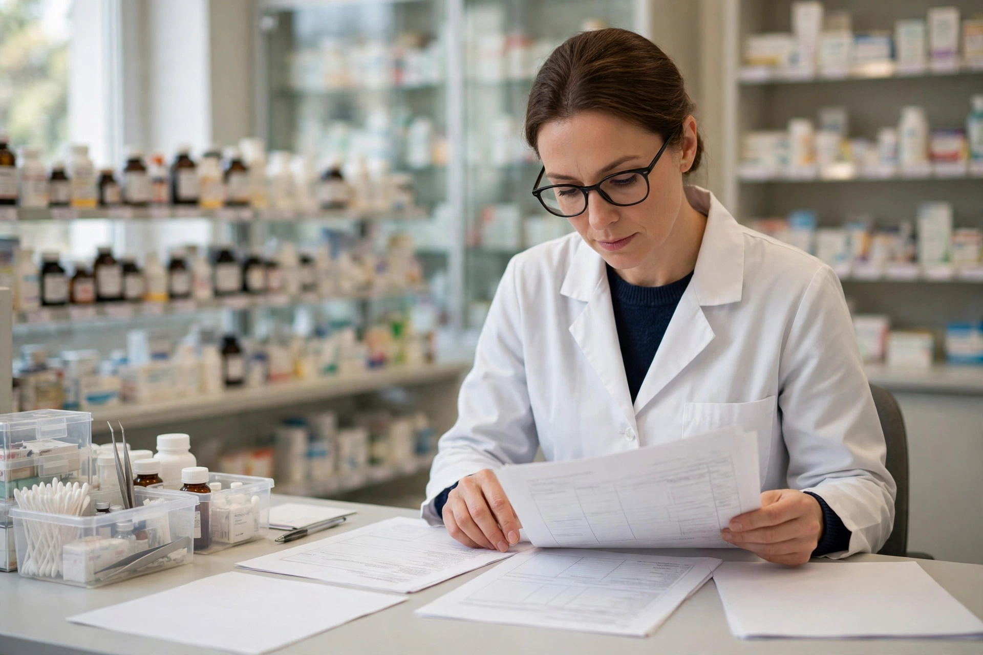 Pharmacist reviewing medication charts and clinical pharmacy journal research at a pharmacy desk