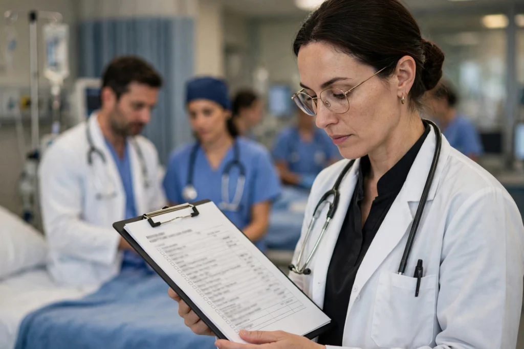 Pharmacist reviewing a patient's medication list on a hospital ward round — clinical pharmacy services