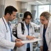 Hospital pharmacists on a ward round reviewing a patient chart — hospital pharmacy