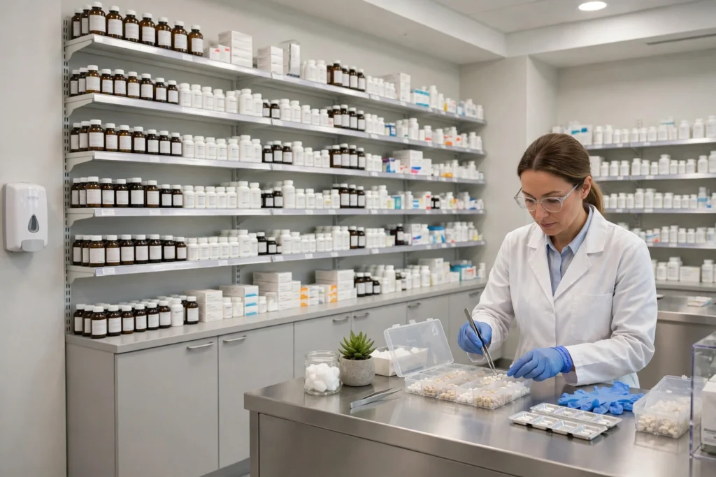 Pharmacist preparing medicines in a hospital pharmacy dispensary — hospital pharmacy